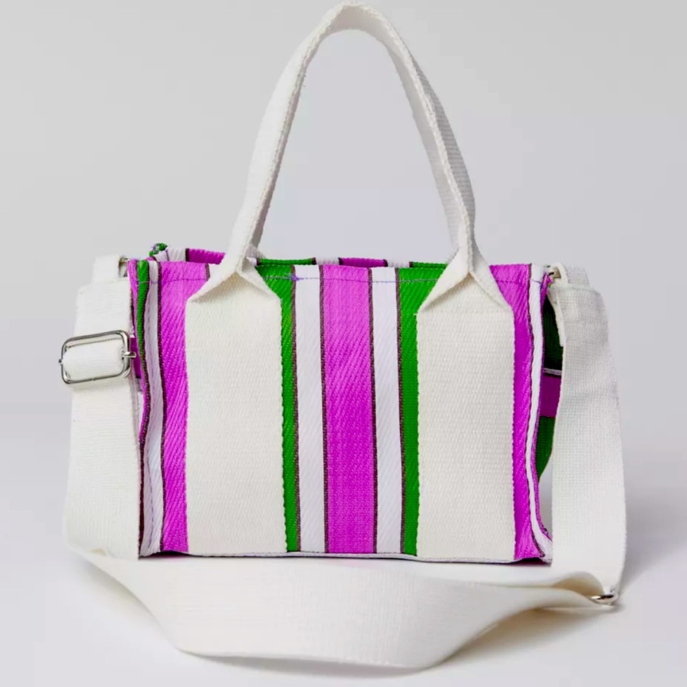 Striped Canvas Tote Bag in White, Pink & Green